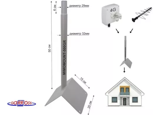 Кронштейн на конек для антенн, диаметр 32мм "MIMOMOUNT-500GR-105610" серый, обжатый, высота 50 см