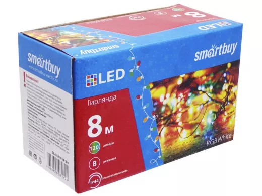 LED Гирлянда Smartbuy с контроллером, RGB, 8м, 120 диодов, IP44, прозрачный провод (SB-RGBIP44-8m)