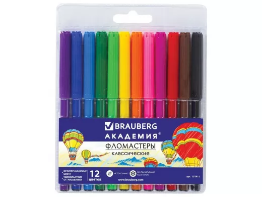 Фломастеры "BR-75446" "АКАДЕМИЯ" 12 цветов, вентилируемый колпачок, ПВХ упаковка