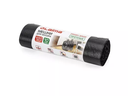 Мешки для мусора 120литров, черные, в рулоне 10шт, ПНД, 18 мкм, 70х110см(+5%), прочные "BR-78267"