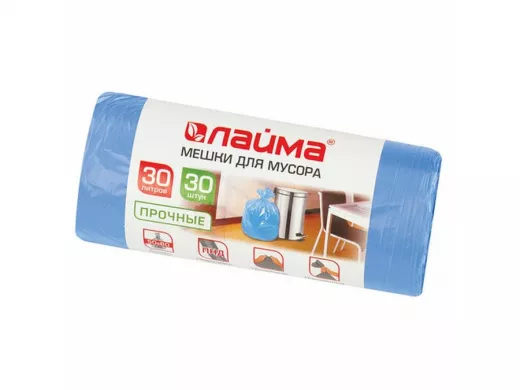 Мешки для мусора  30литров, синие, в рулоне 30шт, ПНД, 10мкм, 50х60см(+5%), прочные "BR-78280"