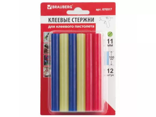 Клеевые стержни, диаметр 11,0мм, длина 100мм, цветные (ассорти), КОМПЛЕКТ 12 штук "BR-79851",блистер